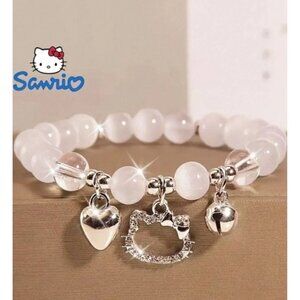 Hello Kitty Silver Charm Stretch Bracelet Rhinestone Heart & Beaded Design